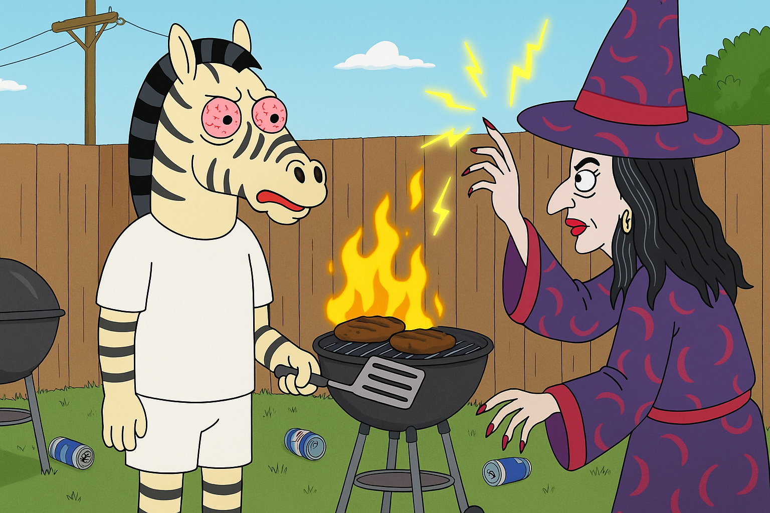 Larry the Zebra BBQ scene with witch