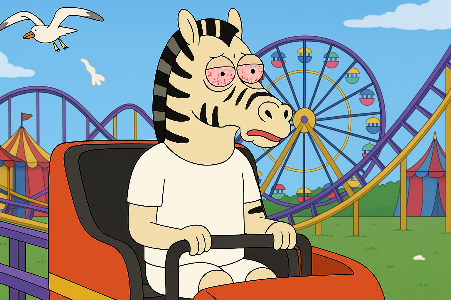 Larry the Zebra enjoying a roller coaster ride at the carnival