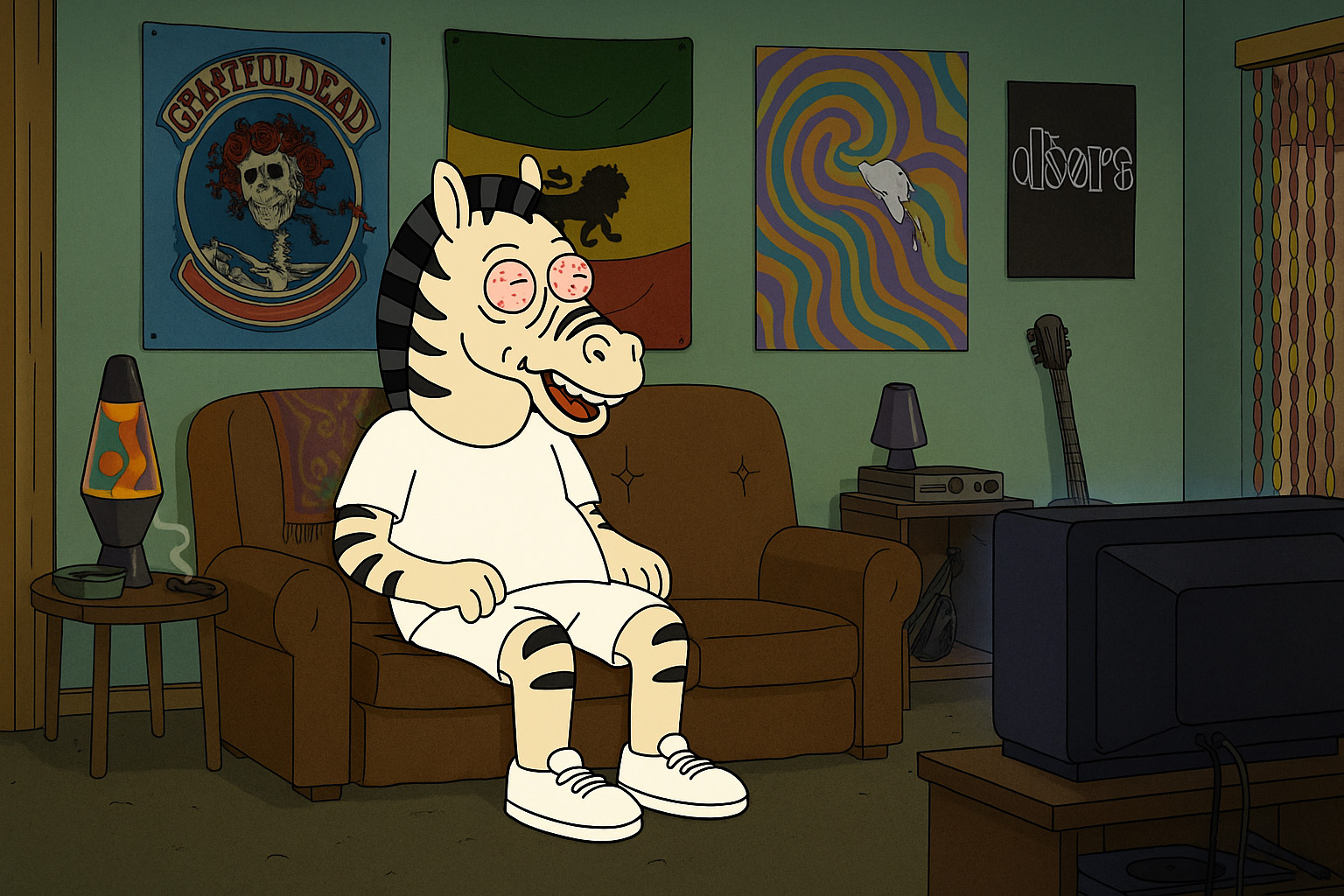 Larry chilling in his room with music posters