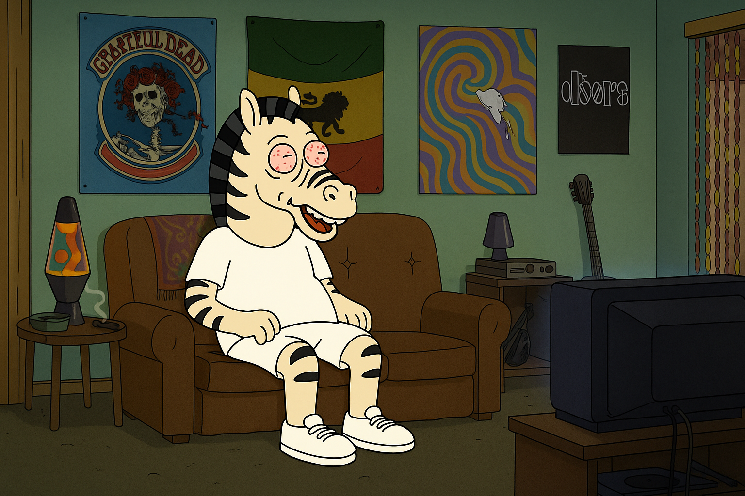 Larry chilling in his room with music posters