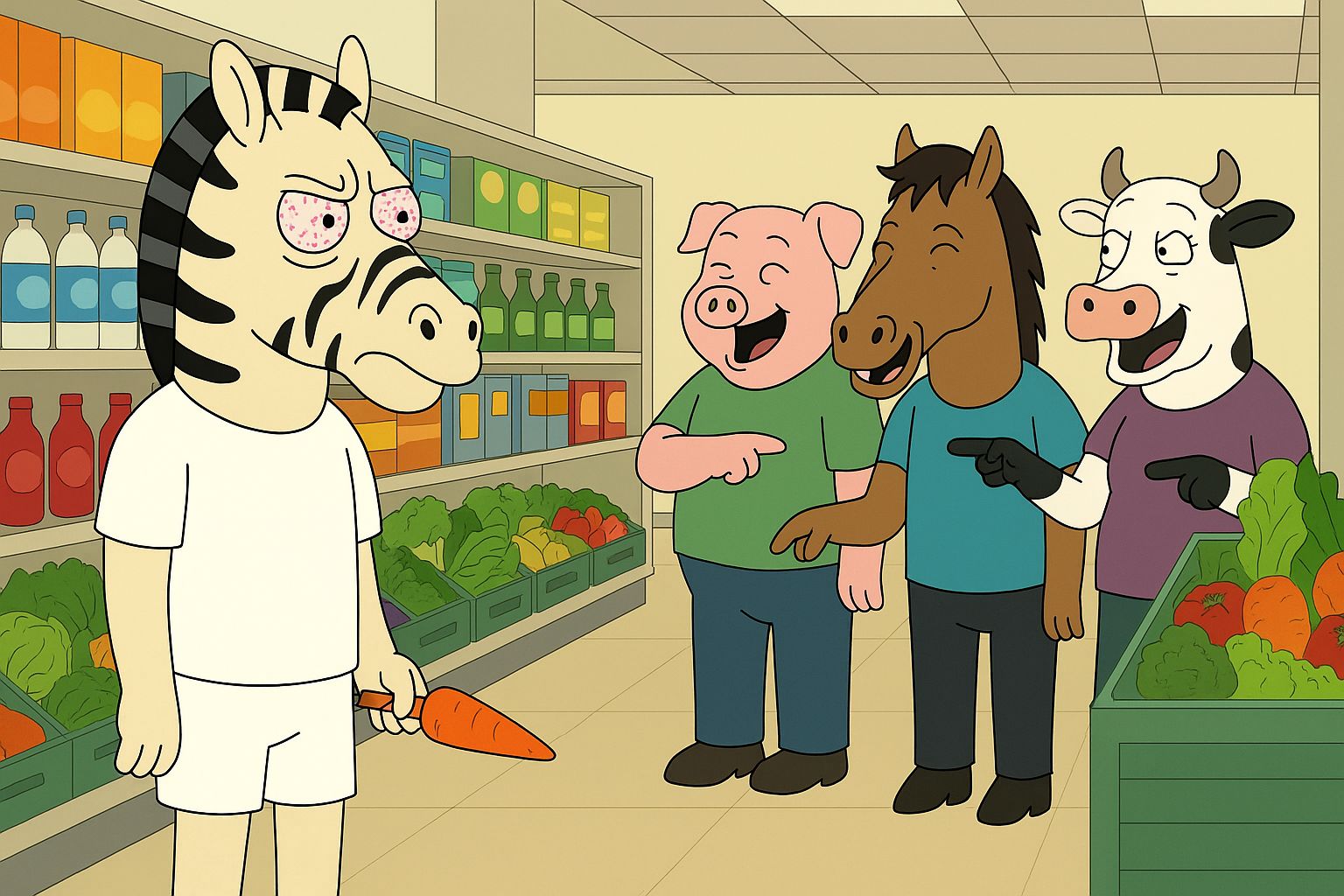 Larry the Zebra meeting friends at the grocery store