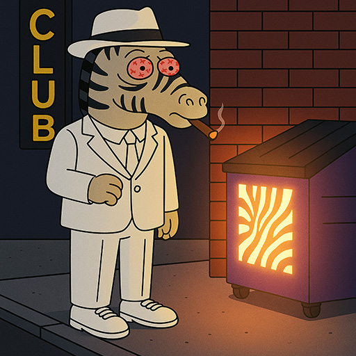 Larry as a sophisticated gangster outside the club