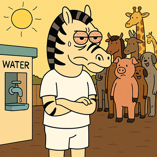 Larry cutting in line at the water station